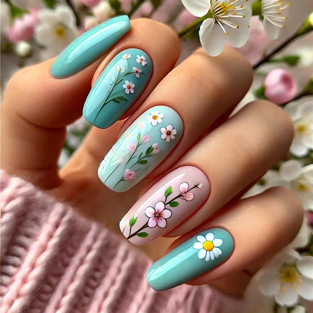 Spring 2025 pastel nails with florals and chrome finish.